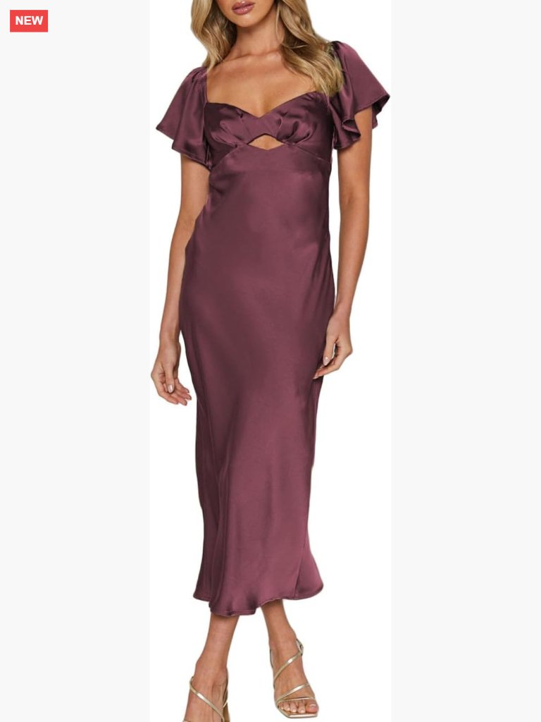 Satin Midi Dress Sweetheart Neckline Flutter Sleeves Tie Back Wedding Guest